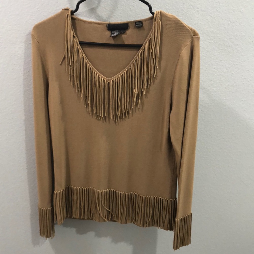 Tan colored dressy shirt with fringe collar and hem